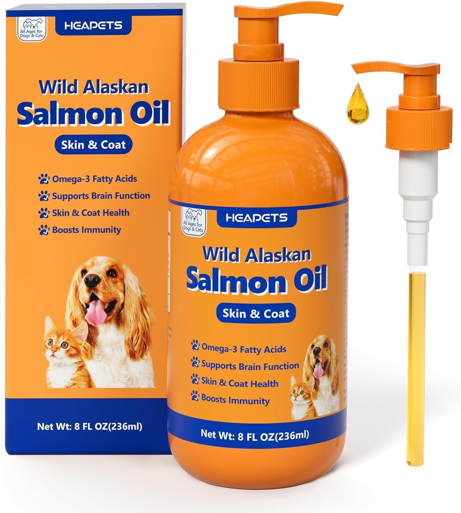 Óleo de salmão selvagem do Alasca para cães e gatos, óleo de peixe Omega 3 Suplementos com EPA & DHA para pele e casaco, imune, cérebro, conjunta e saúde do coração, cães e gatos Suplementos de óleo de peixe com bomba- 8 onças