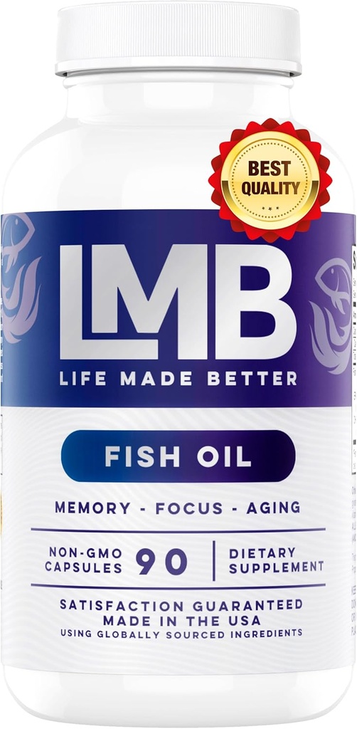 Wild Caught Omega 3 Fish Oil 3000mg - Triplo Força Arrotado DHA 900mg + EPA 1200mg Não-GMO - Entérico revestido com sem sabor - LMB (90 Gels macios)