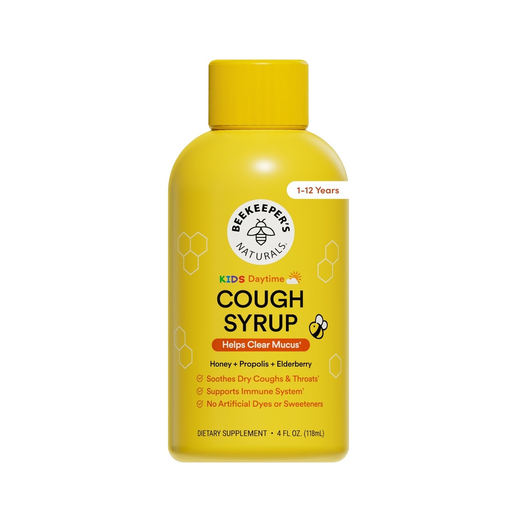 Beekeeper's Naturals Própolis Mel Tosse Xarope Durante o dia para crianças Suporte Imune com Elderberry, Vitamina C, Vitamina D & Mel cru - Garganta calmante - Gluten Free & Clean Ingredients, 4 oz.