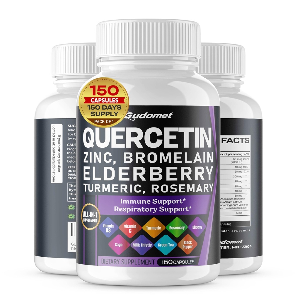 Quercetin Bromelain Zinc Vitamina D3 Elderberry Alecrim Alecrim Alho Odorless Sage Alho Verde Leite Cardo Orégano -150 Cápsulas- Made in USA