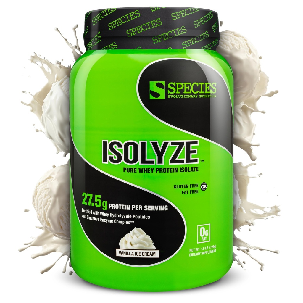 Espécie Nutrição Isolyze Whey Protein Powder, 100% Whey Isolate para construção muscular, 27,5g Protein Per Scoop, No Sugar & Low Fat (Vanilla Ice Cream, 22 Servings)