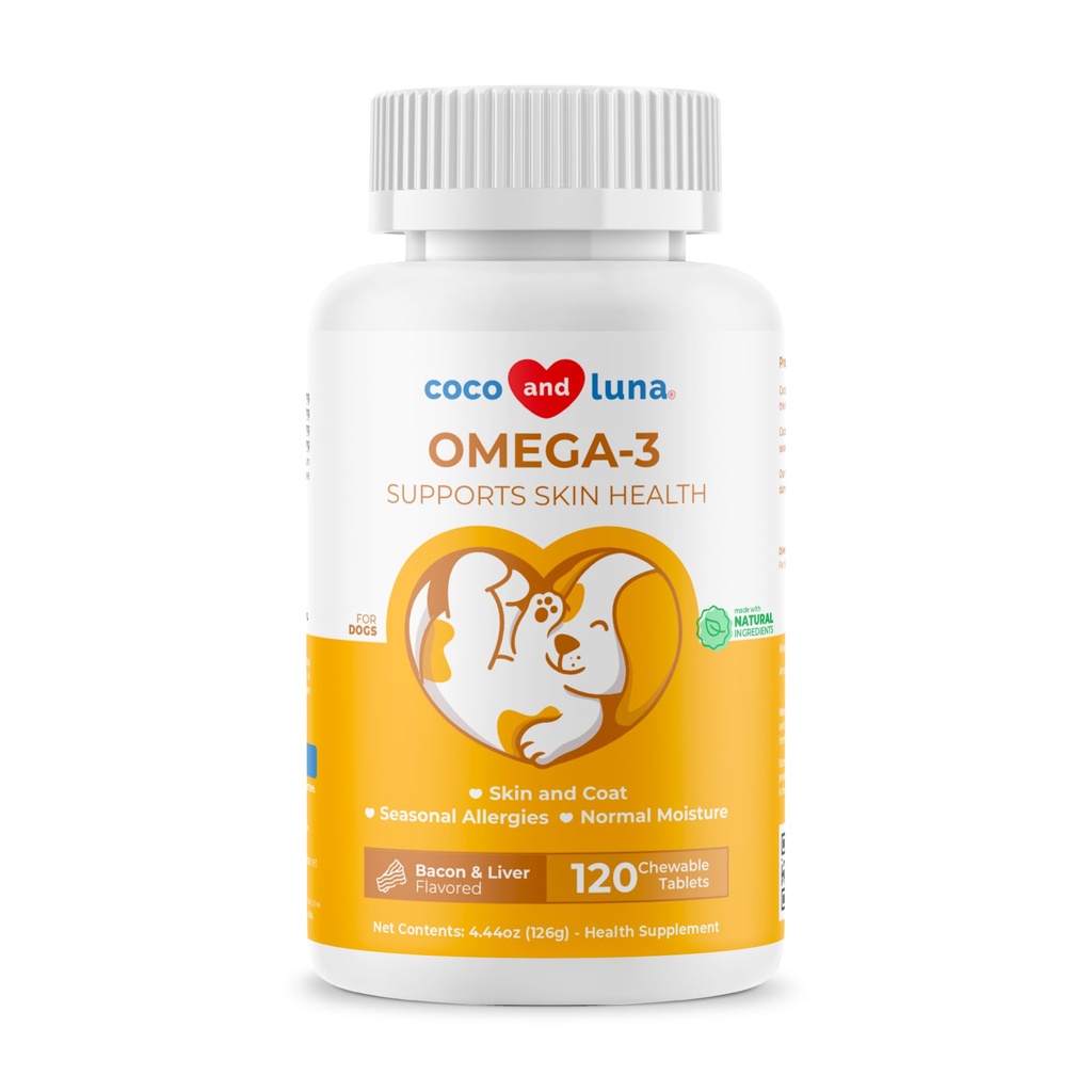 Ómega 3 Óleo de peixe para cães - 120 comprimidos mastigáveis - com Omega 3, 6, e 9, Vitamina E para o derramamento de cão, Comichão, Pele seca, Joint & Heart Support