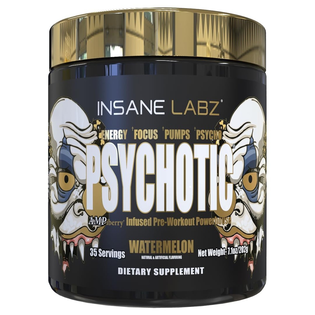 Loucura Labz Psicótico Ouro, alto estimulante pré-treino em pó, Extrema duração de foco energético, bombas e resistência com Beta Alanine, DMAE Bitartrate, NO Booster (35 Servings, Melancia)
