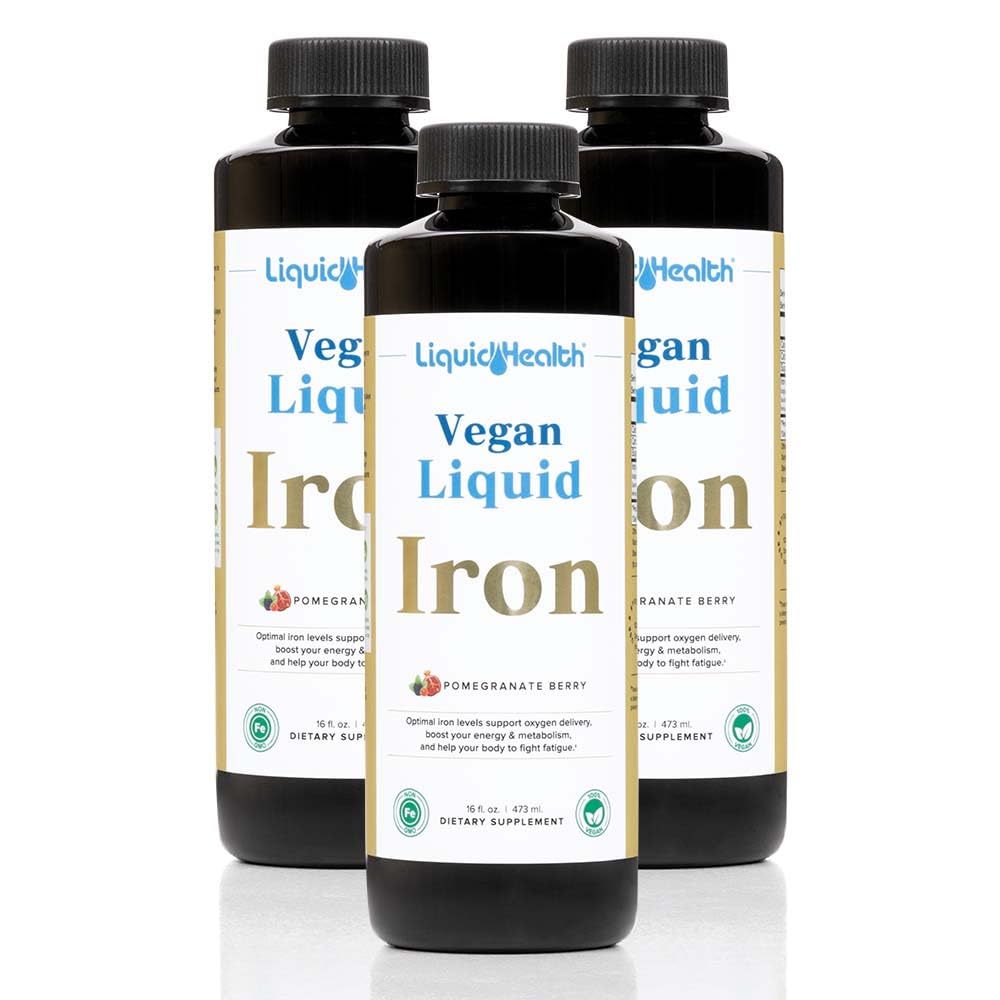 LIQUIDHEALTH Vegan Liquid Iron Supplement with SunActive & Ferrochel Fe - Energia Natural, Sistema Imune & Suporte Metabólico, Aumentar a Claridez Mental, Pré-Natal/Pós-Natal - EUA Made, Não-GMO (3 Pack)