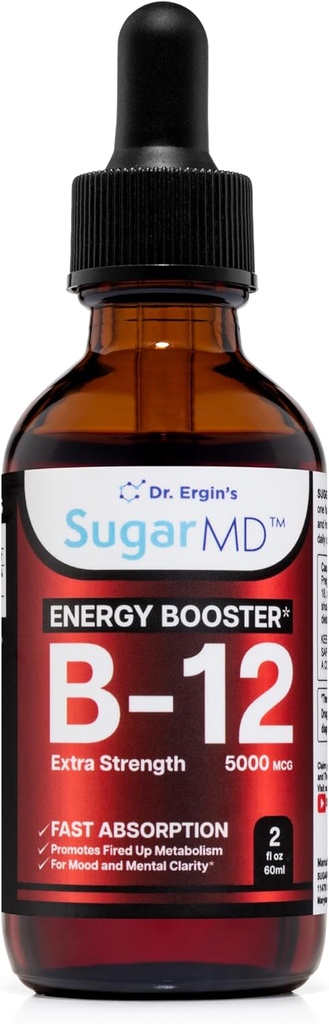 SugarMD Vitamina B12 5000 mcg Drops Líquidos – 2 fl oz (60ml) Gotas de Energia para Mulheres e Homens – Não-GMO & Gluten Free Liquid B12 Drops com Fórmula de Absorção Máxima