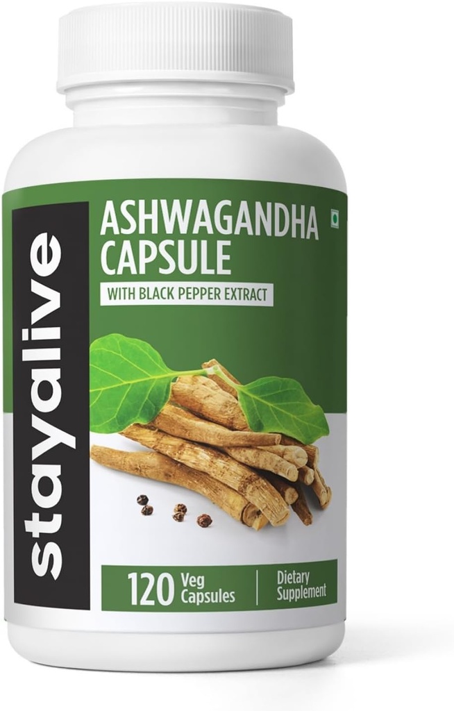 STAY ALIVE Ashwagandha com pimenta preta, 10:1 Extrato, 120 comprimidos, pó de raiz 100% puro, cápsulas de força extra, suplementos não-GMO e sem glúten Ashwagandha para mulheres e homens