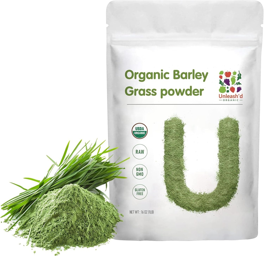 UnLEASH'D Organic Grass Powder 1 Libra 100% puro e orgânico, Superfood Greens Rico em vitaminas, minerais, fibras e antioxidantes