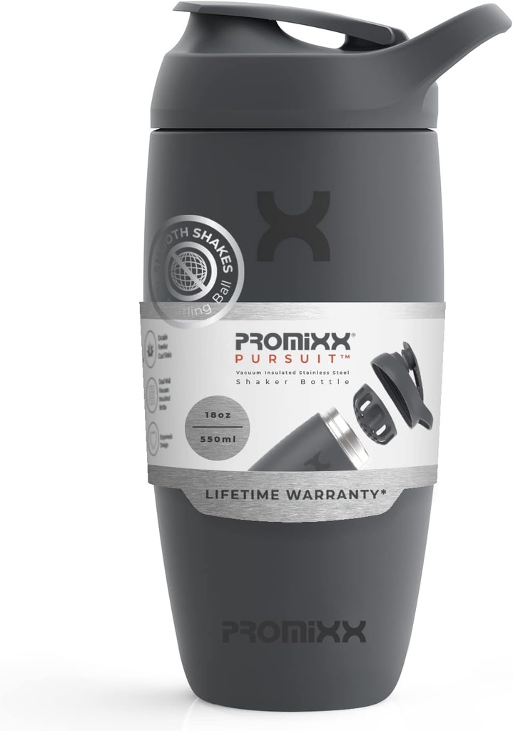 Promixx Pursuit Shaker garrafa isolado de aço inoxidável garrafa de água e copo shaker, 18 onças, grafite cinza