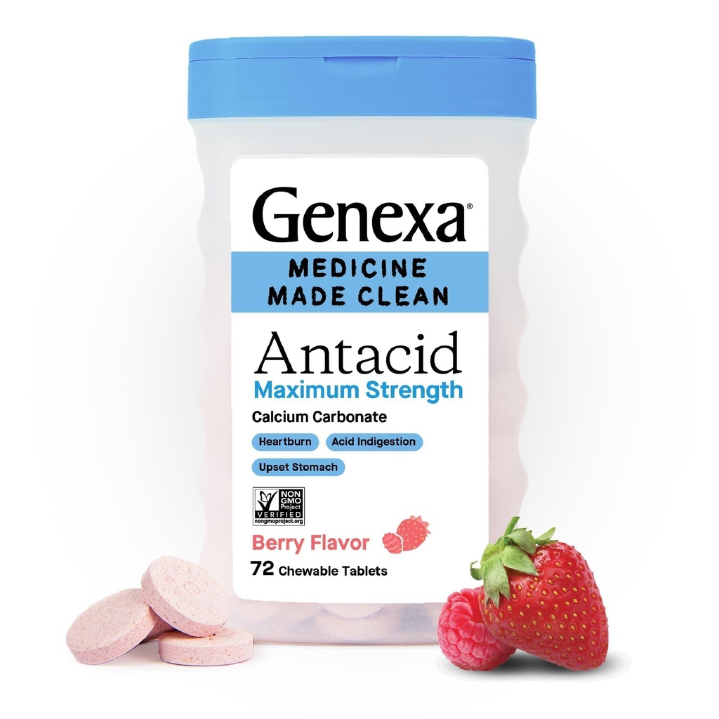 Genexa 3 Pack Comprimidos Mastigáveis Antiácidos Limpos – Carbonato de cálcio de concentração máxima para azia, indigestão ácida e alívio estomacal incomodado – Dye Free, 0% Artificial Aditives – Berry Flavor, 216ct