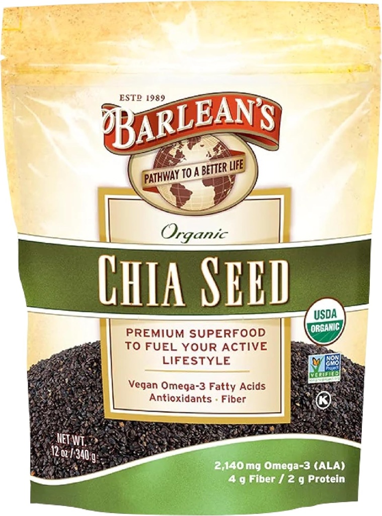 Sementes de chia orgânicas de Barlean com 2.140 mg de ácidos gordos Omega 3, suplemento de fibra para sementes inteiras de chia para smoothies, certificado não-GMO, 12 oz