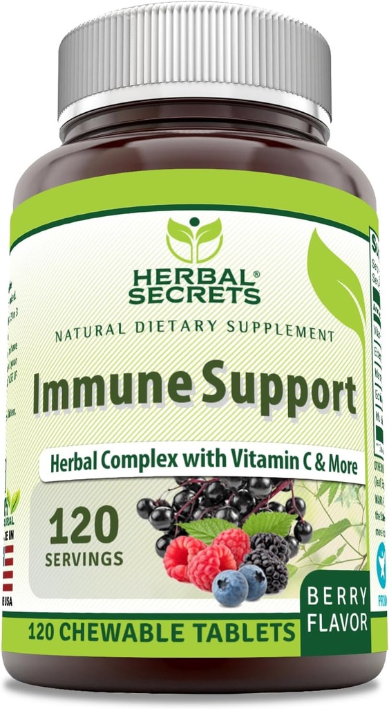 Herbal Secrets Imune Support with Vitamina C & Elderberry - Berry Flavor Chewable Tablets - 120 Count - Non-GMO - Glute-Free - Made in USA