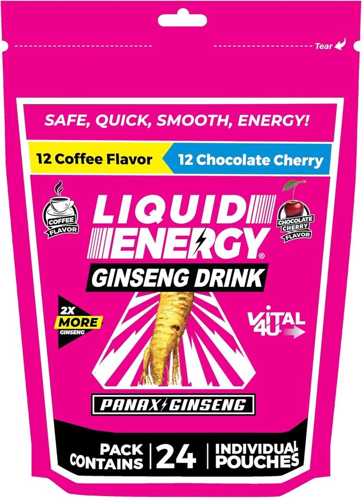 VITAL 4U® Liquid Energy Shot - Pacote de combo de cereja de café e chocolate, Ginseng, B Vitaminas, naturalmente adoçado, 24 quilates