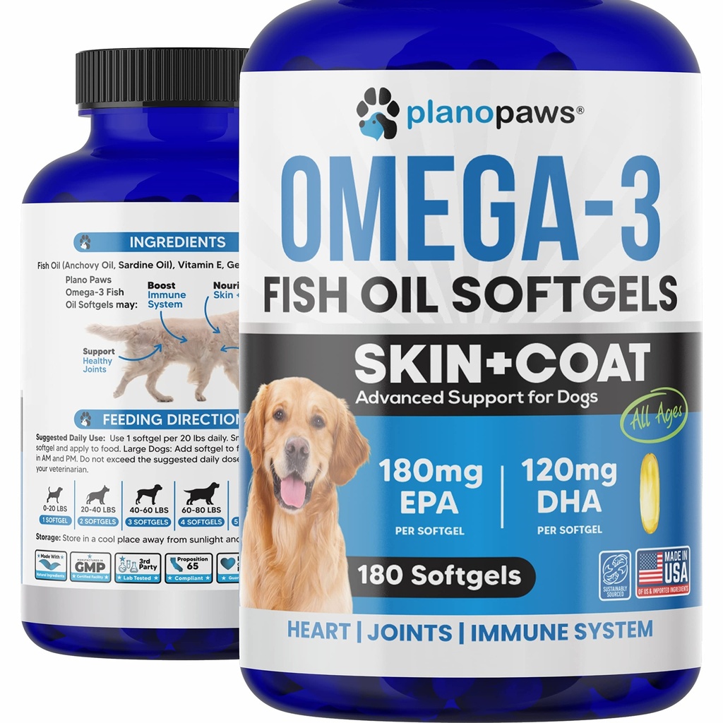 Ómega 3 Óleo de peixe para cães Cápsulas - Óleo de salmão para cães - Suplemento de óleo de peixe de cão Pode ajudar Shedding, Alergia, Coceira - Suporte pele seca, articulações - Pele de cão e casaco Suplemento - 180 Pílulas de óleo de peixe