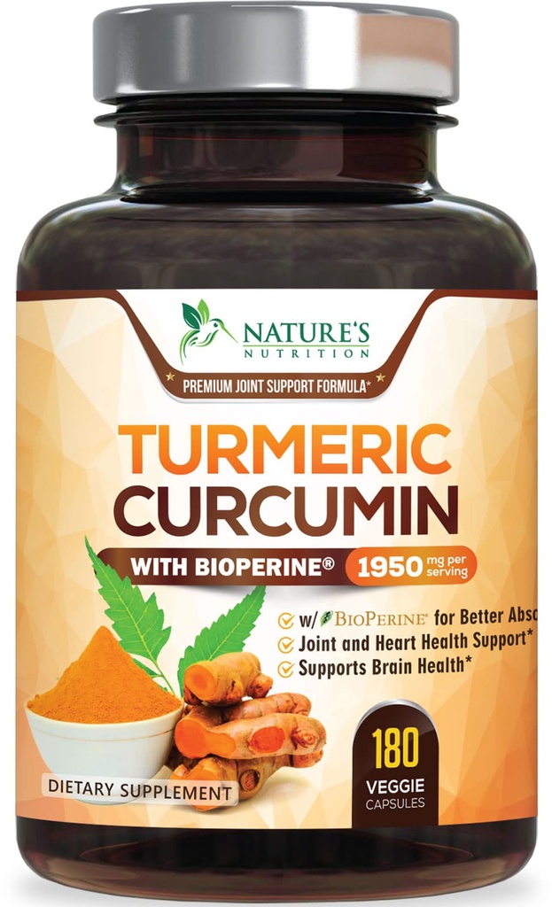 Suplemento de Curcumina Turmérica 1950mg - 95% de Curcuminóides com Açafrão Orgânico & Extrato de Pimenta Negra BioPerine para Melhor Absorção, Apoio Conjunto Vegan da Natureza, Não-GMO, Engarrafado nos EUA - 180 Cápsulas