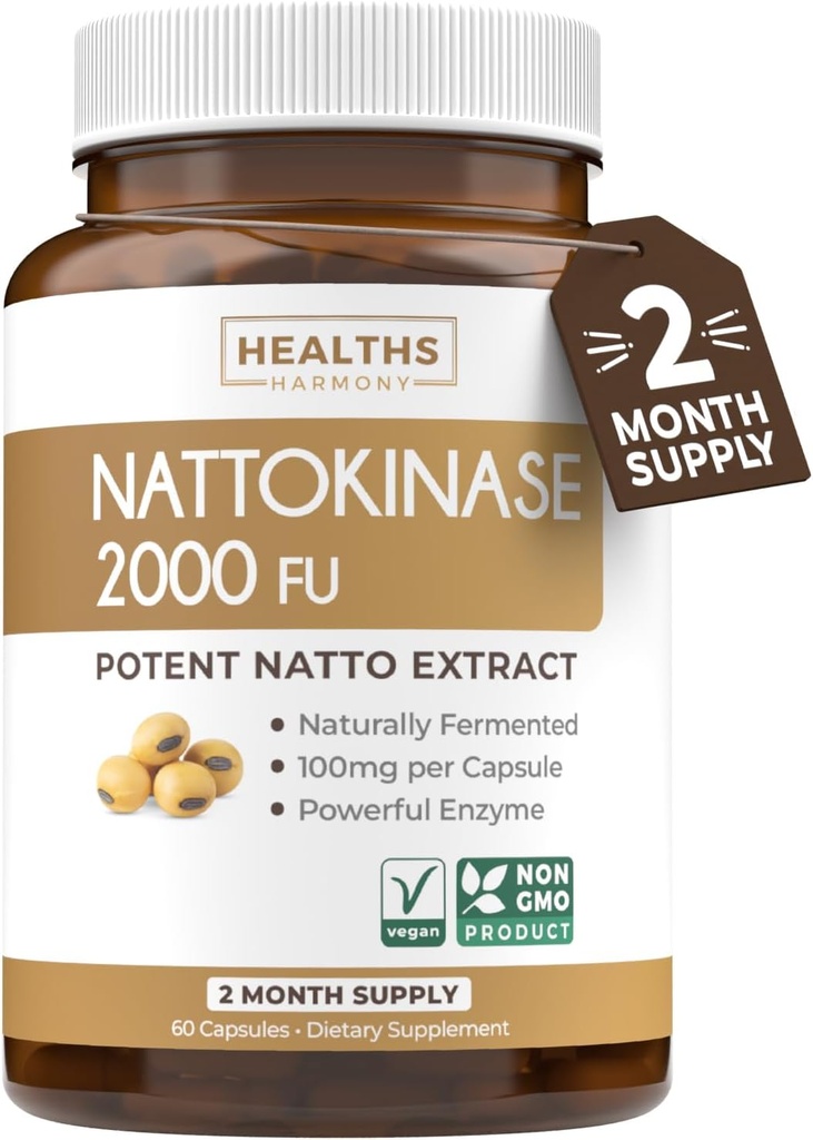 Saúde Harmony Nattokinase 2000 FU (Não-GMO) Suplemento poderoso Nattokinase feito de soja naturalmente fermentado - (2 Mês de fornecimento) 60 Cápsulas Vegan Natto