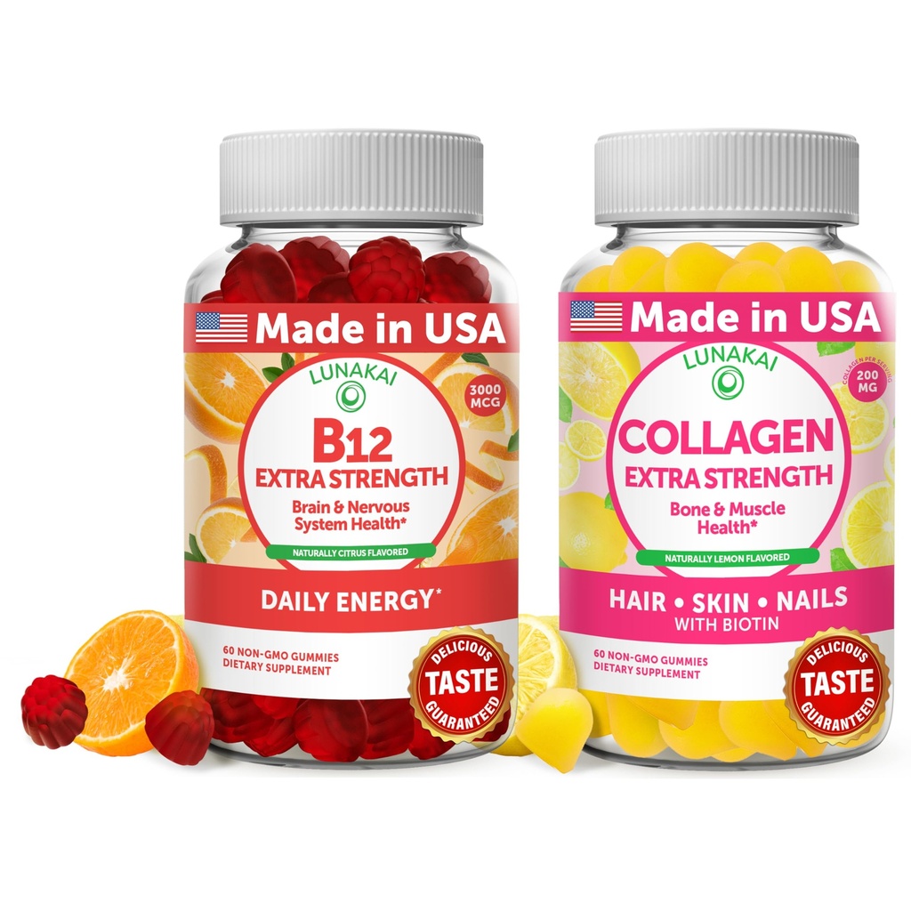 Pacote de pastilhas de vitamina B12 e colagénio Lunakai - 3000 mcg Metilcobalamina pastilhas de alta absorção de energia - suplementos antienvelhecimento não-GMO para homens e mulheres - 30 dias de fornecimento