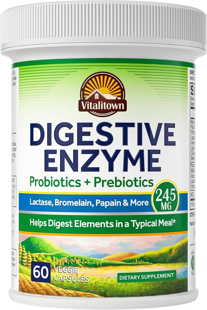 Vitalitown Digestive Enzyme . Fórmula 3-em-1 .Probióticos + Prebióticos .60 Veg Caps ..245 mg ..Sete Enzimas Chave . Bromelain, Lactase .. para Digestion . Vegan, Não-GMO