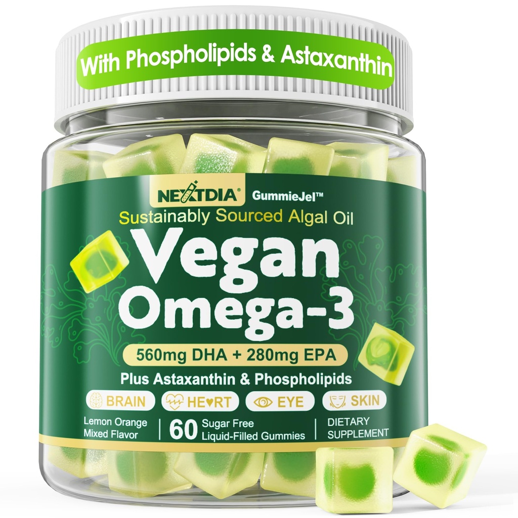 Vegan Omega 3 chicletes + fosfolipídios, Astaxantina, Vitamina D3, DHA 560mg & EPA 280mg, Algas sem peixe Omega 3 Suplemento para adultos e crianças para o cérebro, olho, pele e saúde geral, Açúcar livre, 60 Cts