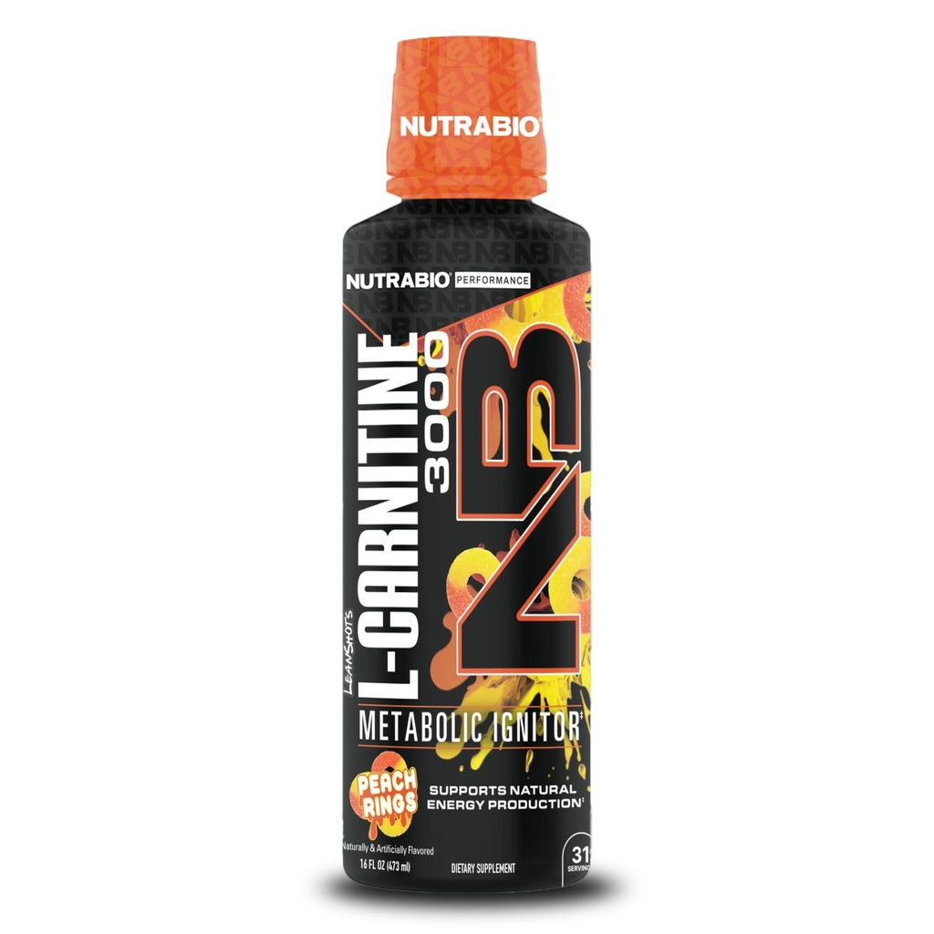 NutraBio – L-Carnitina líquidos tiros – 3000mg, (anéis de pêssego) – 10mg de vitamina B-5 – Zero carboidratos e açúcares – Produção de energia – Recuperação muscular