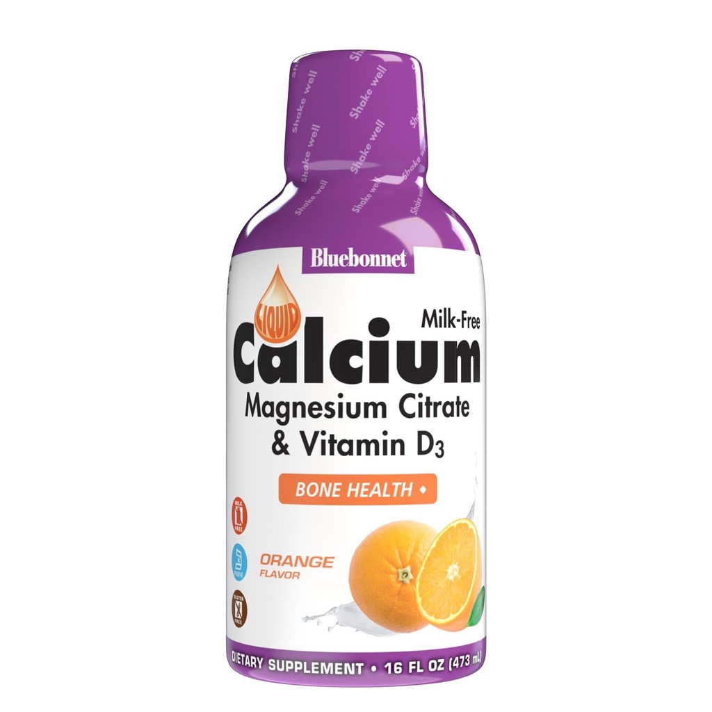 Bluebonnet Nutrição Citrato de cálcio líquido Citrato de magnésio, Vitamina D3, Saúde Óssea, Sem glúten, Sem soja, sem leite, kosher, 16 Fl Oz, 32 Servings, sabor laranja, 16 Fl Oz (Pacote de 1)