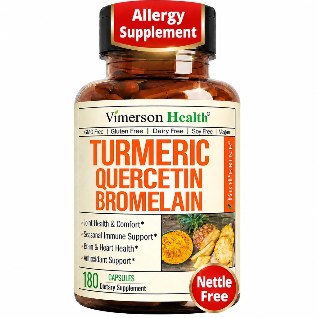 Quercetin com Bromelain Turmeric Curcumin Supplement – Alergia Alívio, Apoio Conjunto e Imune – Suplemento Orgânico Turmeric com Pimenta Preta (Bioperine) – 180 Quercetin 500mg Cápsulas