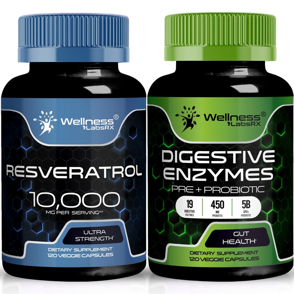 WELLNESS LABSRX Resveratrol Cápsulas 10.000mg - Enzimas Digestivas 450mg