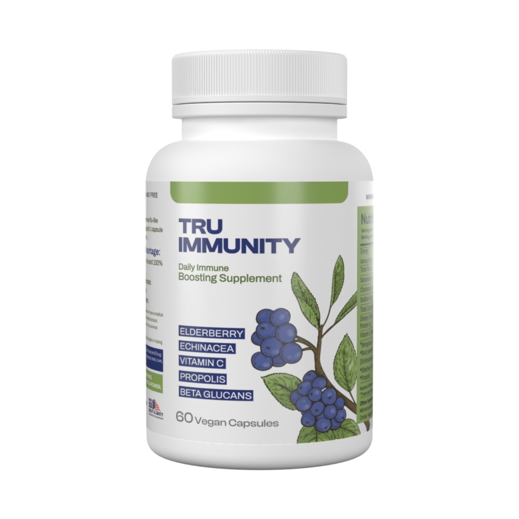 Tru Immunity Boost, Imune Support Supplement, Imune Booster Vitaminas para adultos com Elderberry, Echinacea, Vitamina C, Própolis e Beta Glucans, 60 Cápsulas Vegan