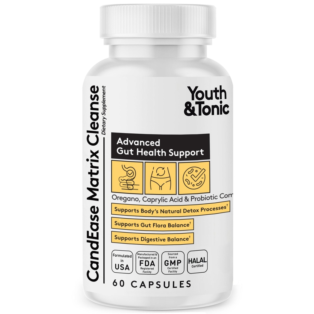 Juventude & Tônico CandEase Cleanse Matrix – Overgrowth Support & Gut Health, Equilíbrio de Flora Intestinal & Complexo de Detox Corporal com Orégano, Ácido Caprílico, Enzimas Digestivas, Probióticos, 60 comprimidos, Mulheres & Homens