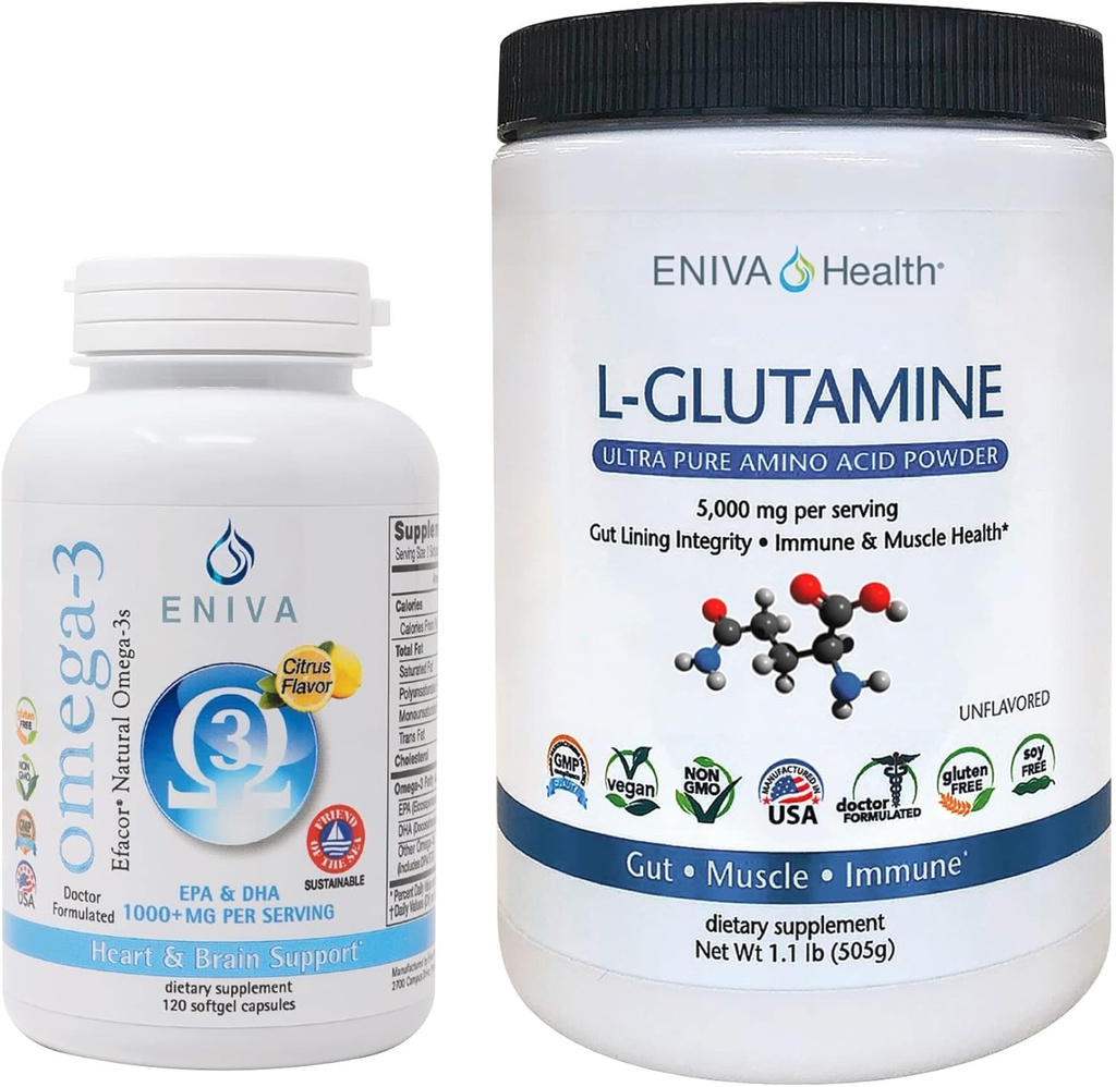 Eniva L-Glutamina pó, 1,1-Libra e Omega-3 óleo de peixe (60 caps)
