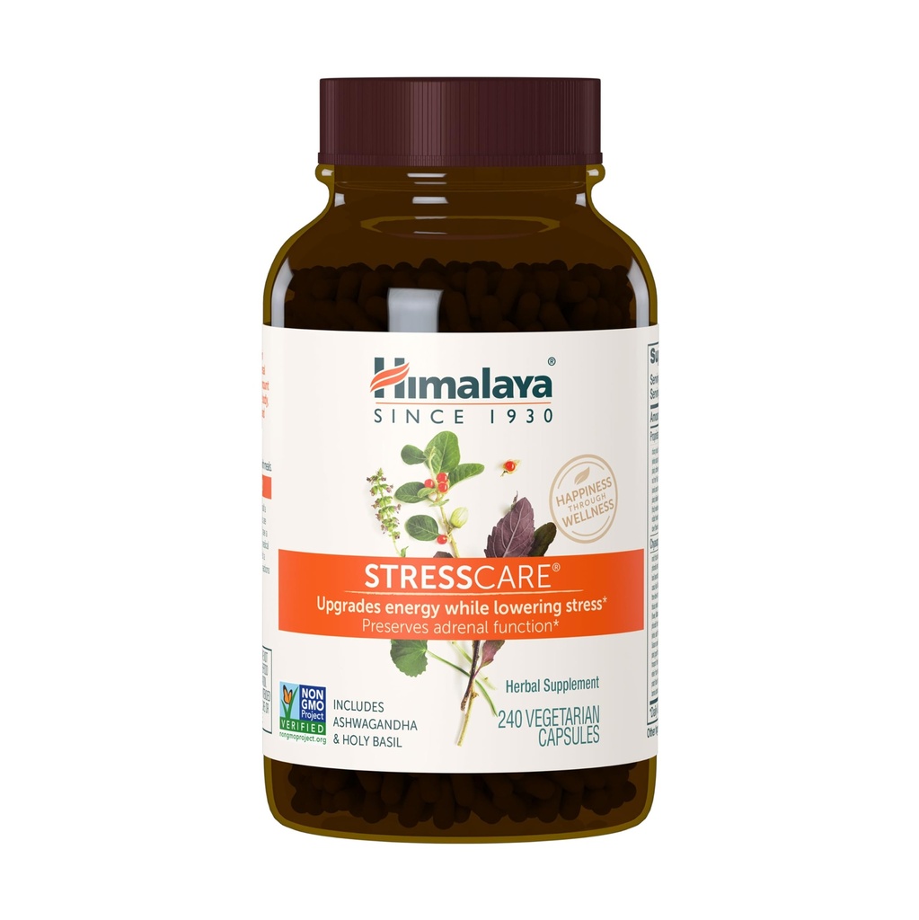 Himalaya StressCare Herbal Supplement, Suporta alívio do estresse, suporte energético, relaxamento, insônia ocasional, Ashwagandha, Holy Basil/Tulsi, Gotu Kola, Non-GMO, Vegetarian, 240 Cápsulas