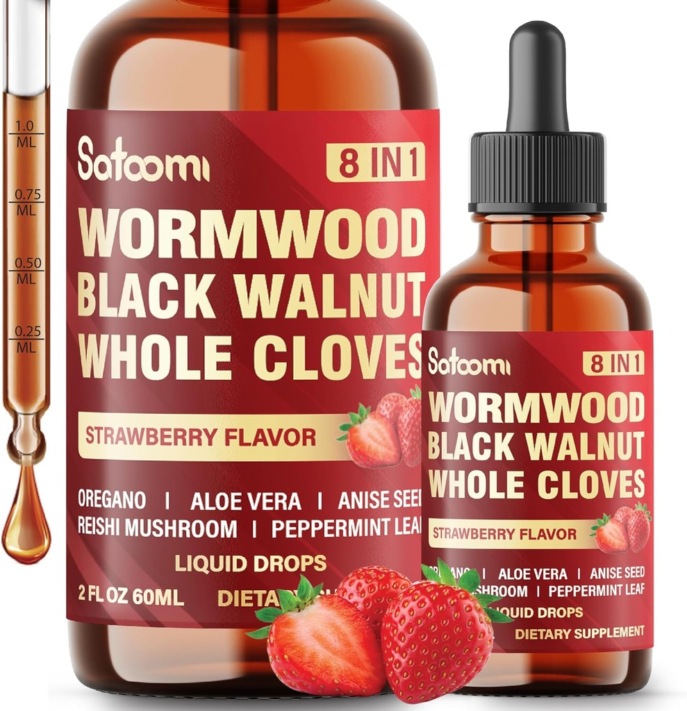 Satoomi 8in1 gotas líquidas de Wormwood com noz preta, cravo inteiro e 5 mais - 60ml para 60 dias de fornecimento