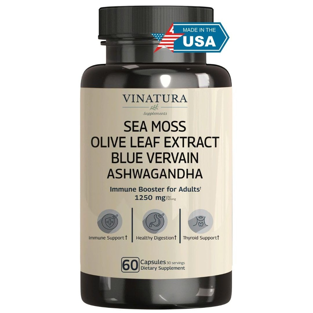 VINATURA Orgânico Sea Moss, Verbena Azul - com óleo de semente preta, Ashwagandha, Ginger, Burdock Root Cápsulas - 1250mg por serviço, *EUA Made & Tested* Imune Booster para adultos