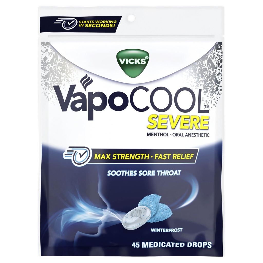 Vicks VapoCool Gotas de Garganta Dolorida Medicadas Graves, Mentol de Máxima Força, Dor de Garganta Dolorida, Flavor de Inverno, 45ct
