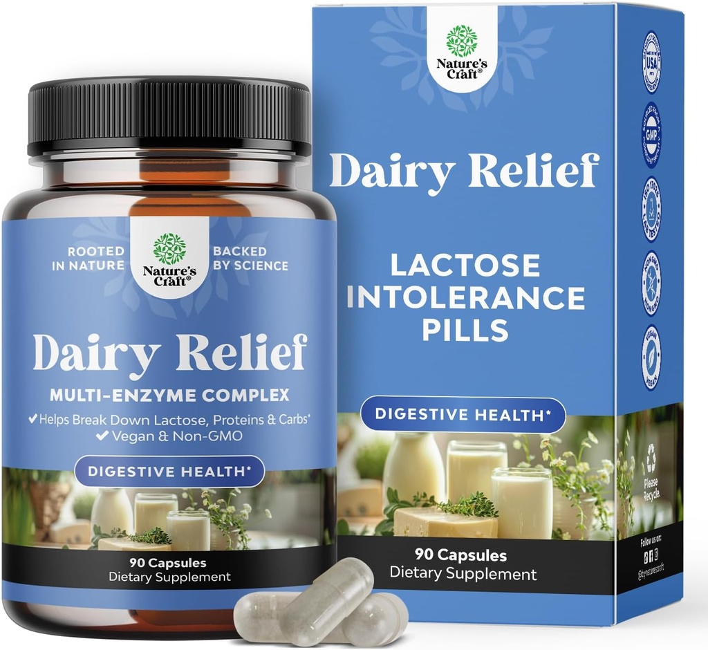 Pílulas de Intolerância de Lactose 90 dias de fornecimento - Enzimas Digestivas de Lacticínios de ação rápida - Pílulas de Alivio de Lactação para Digestão, Bloating, Gás e Proteína de Carbo - Suplemento de Digesção para Alivio de Intolerância de Lactose