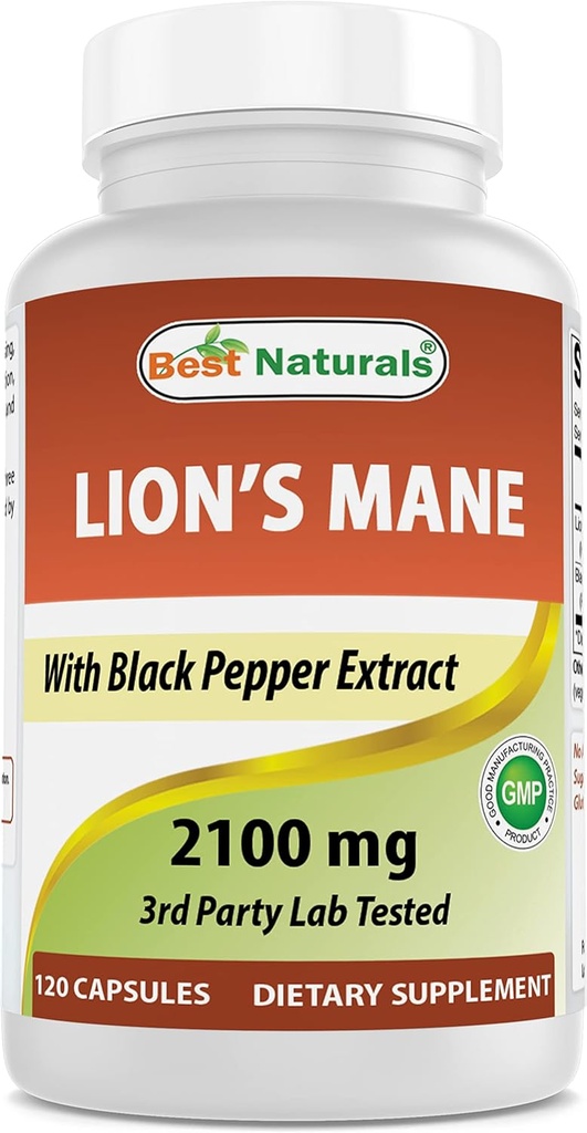 Best Naturals Lions Mane Mushroom Supplement 2100mg - 120 Cápsulas - Suporta Clareza Mental, Foco & Saúde Imune - Adicionado Pimenta Negra para Absorção Máxima