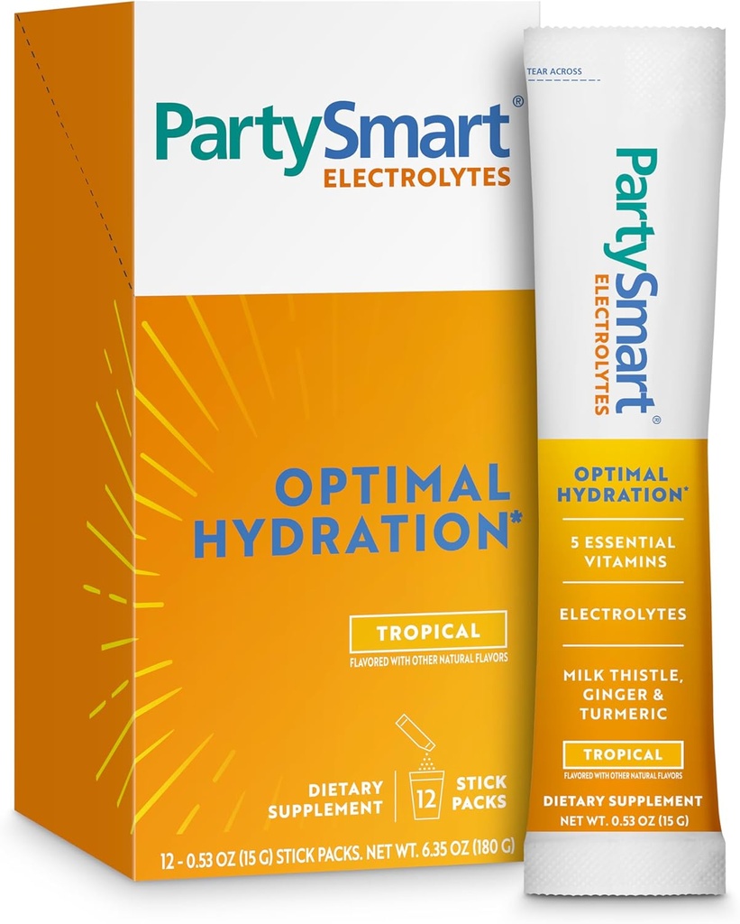 Himalaya PartySmart Tropical Electrolytes Powder Packets, 12 Count, Suporta Hidratação, Reidratação com Sódio e Potássio, Vitamina C & More, Recuperação de Antioxidante Líquido Misturado, Gengibre e Açafrão