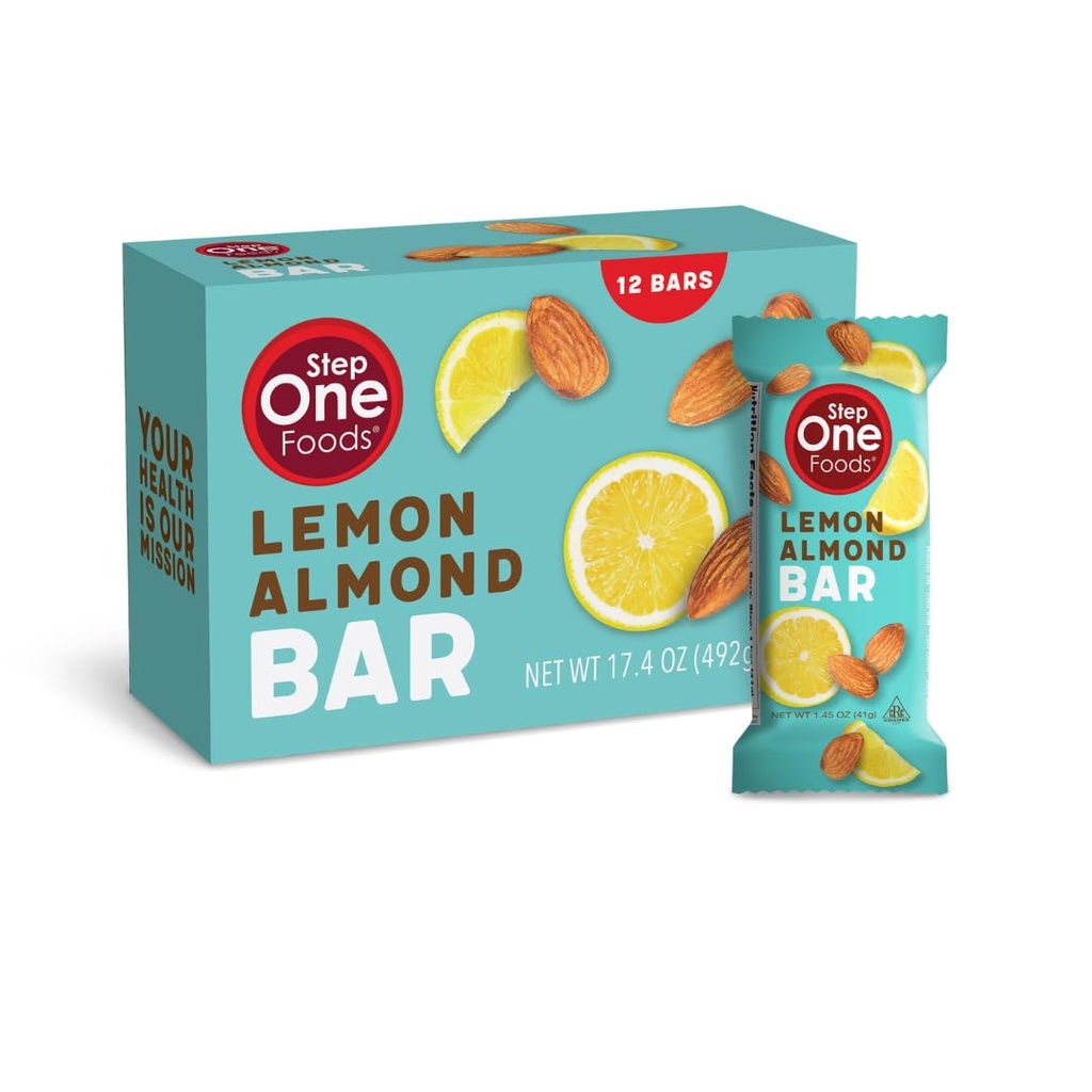 Passo um alimentos Limão Amêndoa Bar, Coração saudável Snack Plant Sterols, Omega 3 de alta fibra Snack Gluten & Dairy Free, Vegan, Zero sódio, Granola Bares (12 Pack)