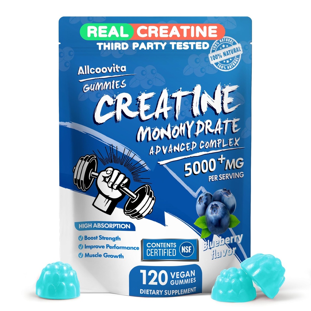 Creatina Mono-hidratado Gummies Complex para Homens e Mulheres - 120 Gummies Advanced Formula, L-Taurine + Vitamina B12 para força muscular, Muscle Builder, Energy Boost, Suplemento Pré-Trabalho -Blueberry