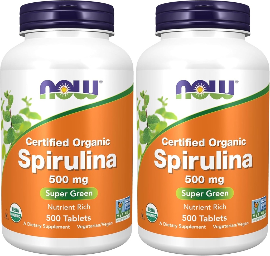 Now Suplementos, espirulina orgânica 500 mg com vitaminas, minerais e GLA (ácido gama-linolênico), 500 comprimidos (Pack de 2)