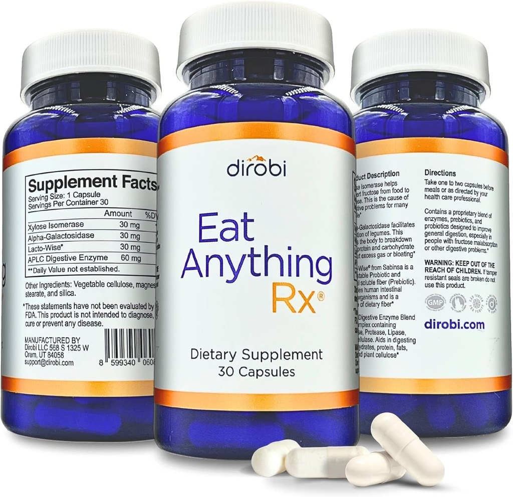 Dirobi Coma qualquer coisa Xilose Isomerase Fructose Malabsorção Enzimas, Suplemento FODMAP, Enzimas Digestivas para Melhor Lactose, Gordura, Proteína e Digestão Carboidratada Gás e Alivio Bloating 30 Cápsulas