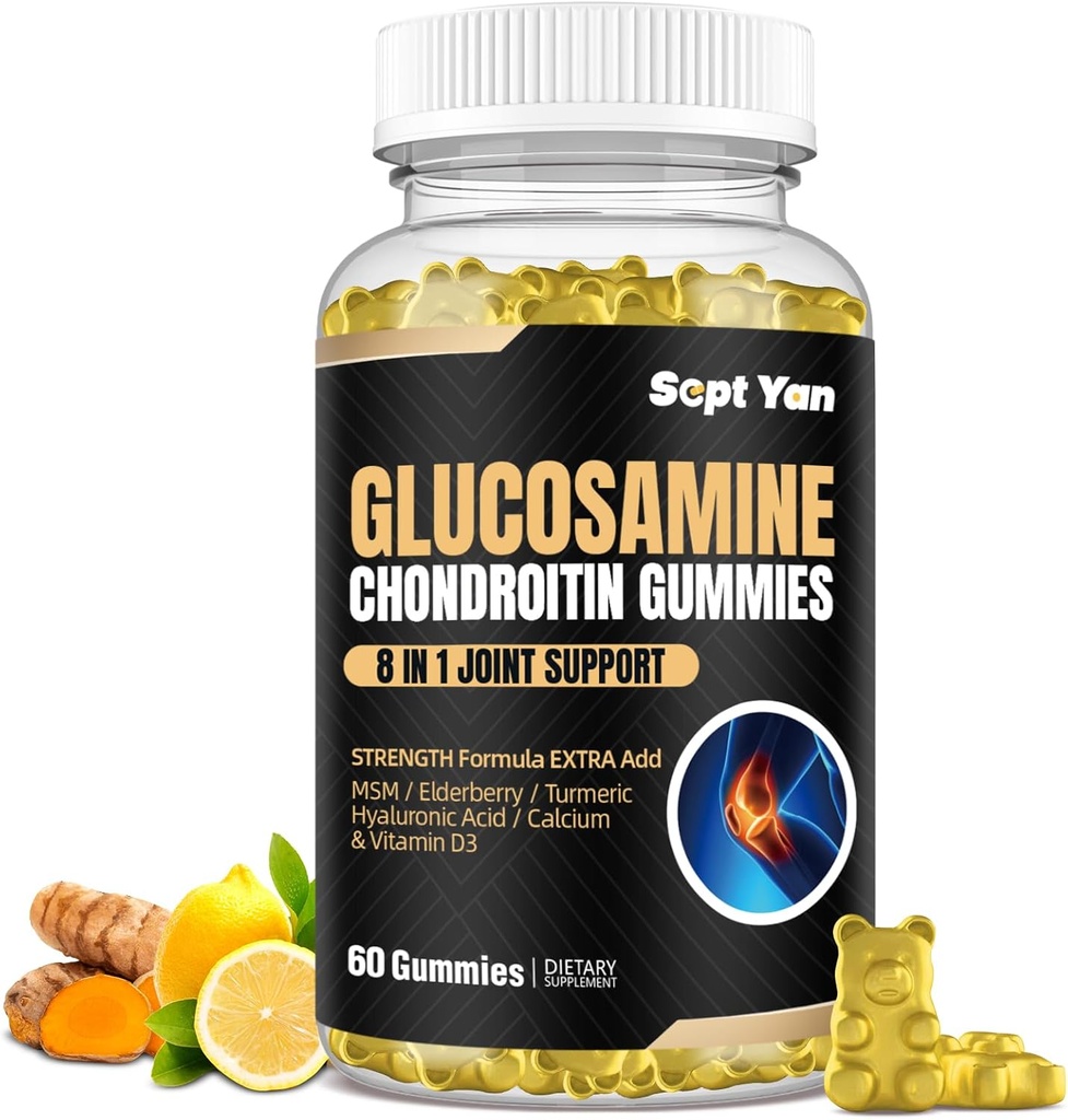 Glucosamina Condroitin Gummies - 60 Suplementos de apoio conjunto - 1500mg Força extra com HSH, Elderberry, Açafrão - Cartilagem e Imune Suporte para Adultos, Homens & Mulheres Vegan - Fácil de engolir