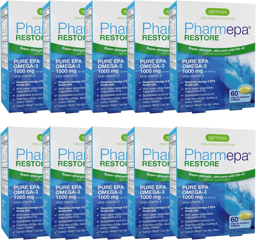 Igennus Pharmepa Restauração, Puro EPA 1000mg, Ómega 3 rTG Fish Oil, IFOS Certificado, Alta Absorção, 90% de concentração de força tripla, Selvagem e sustentável, sabor limão, suprimentos de 10 meses, pacote de 10