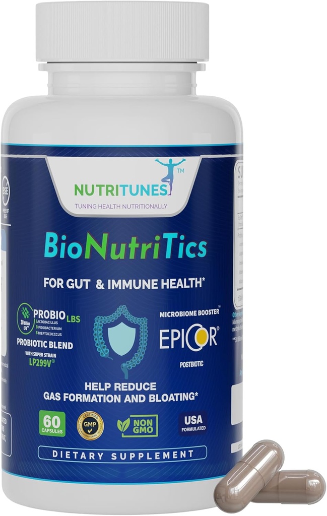 BioNutriTics – Probióticos ProBio LBS + Postbiótico EpiCor® para Gut Health, Imune Support Digestive Comfort from Occasional Gas and Bloating – 60 Cápsulas