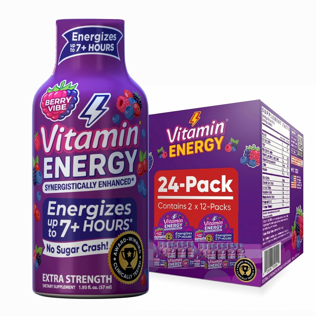 Vitamina Energia Mood+ Energia de força extra Shot Tropical Berry 24 Pack, 260mg Cafeína natural, B-Vitaminas, Rhodiola, Camomila, Mood & Suporte Energia, Zero açúcar, Sem glúten, Vegan, 1,93 fl oz