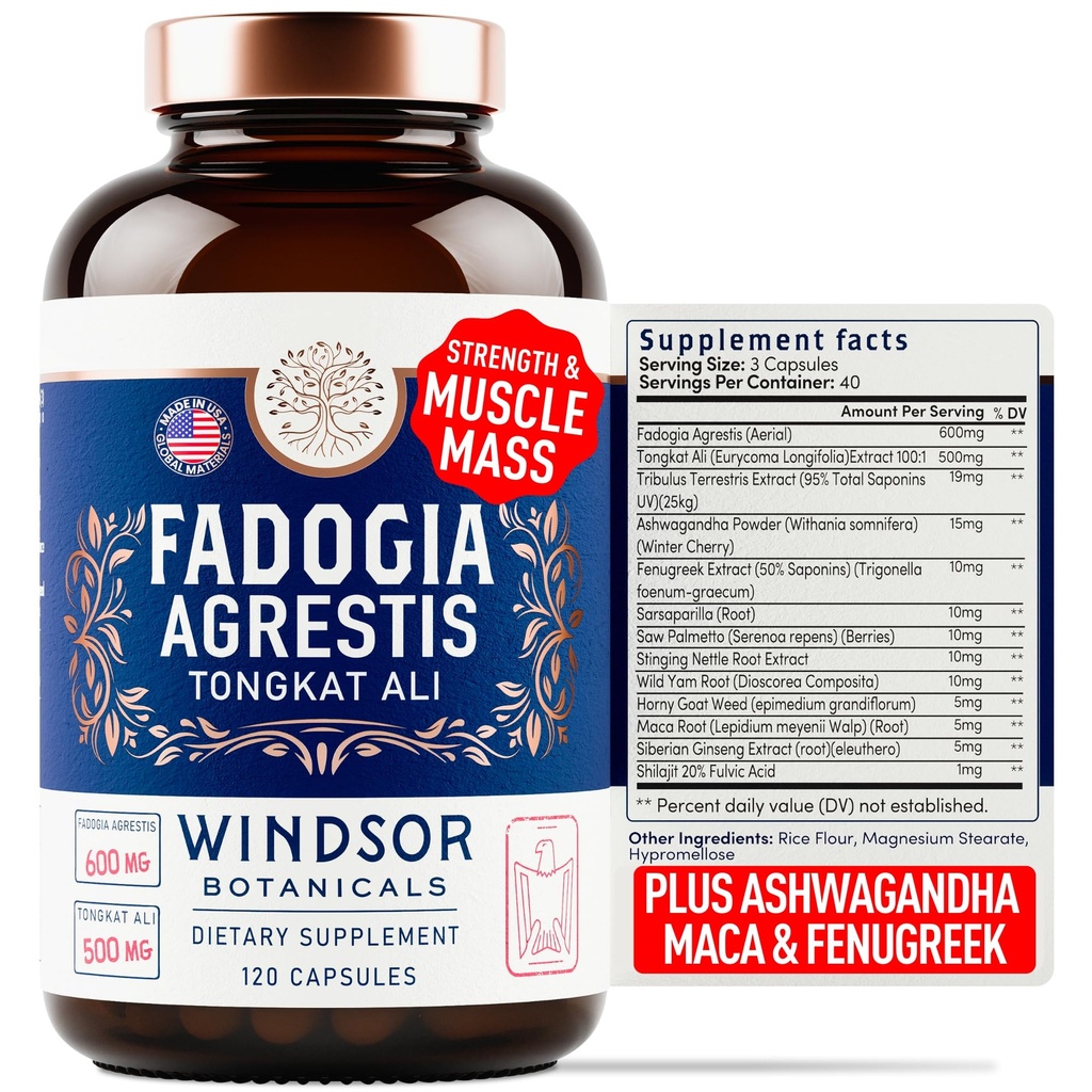 Fadogia Agrestis e Tongkat Ali Supplement - Fadogia Agrestis 600mg, 500mg Longjack Tongkat Ali para homens, Maca Root, Fenugreek, Ashwagandha, Saw Palmetto para apoiar energia, resistência, vitalidade - 120Caps
