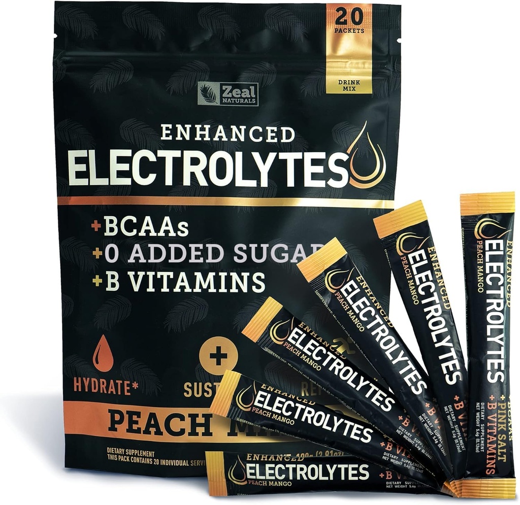 Pó de Eletrólito Melhorado (Manga de pêssego 20pk.) w 0 Açúcar +BCAAs +B-Vitaminas Suplemento de Eletrólito w Zinco de Potássio e Magnésio para Hidratação - Eletrólitos de Keto