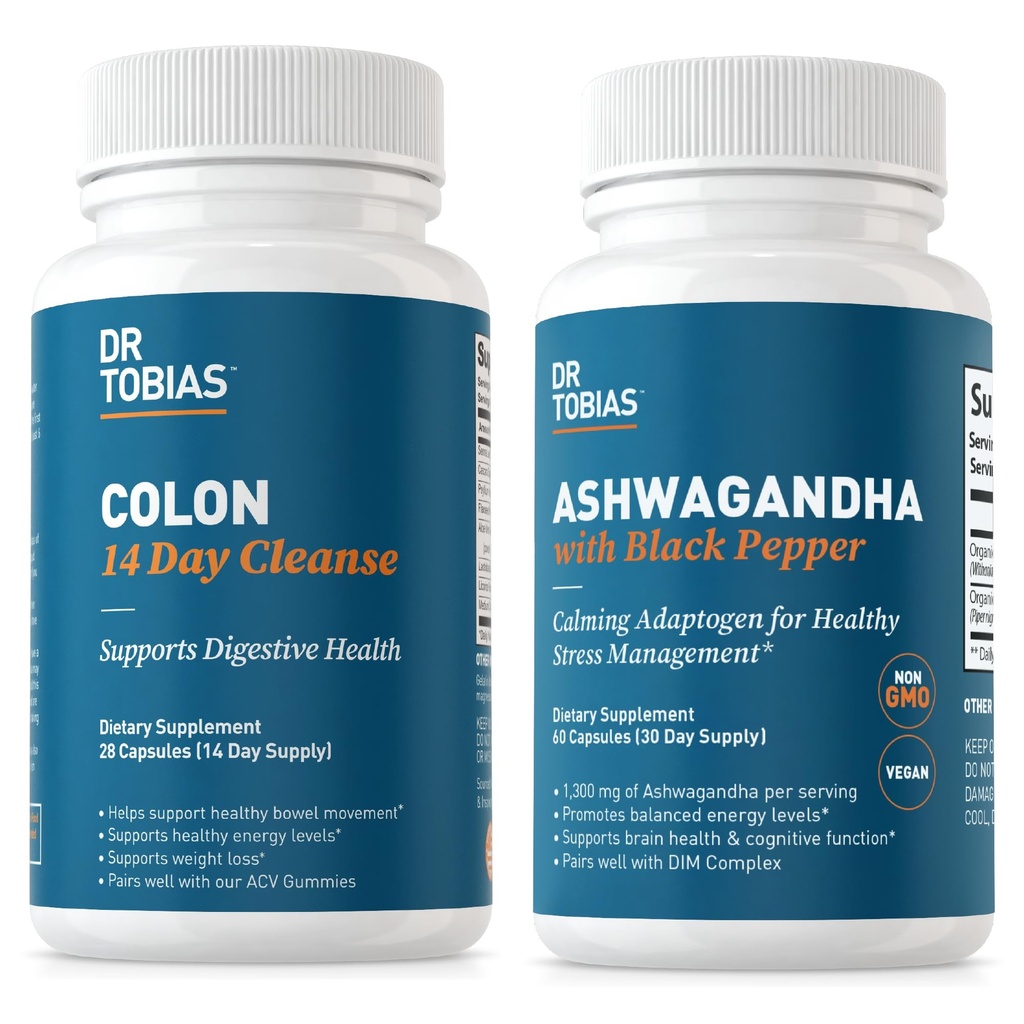 Dr. Tobias Colon 14 Day Cleanse e Ashwagandha Cápsulas, Colon Cleanse Detox e Adaptogen calmante, Suporta Energia e Saúde Imune, Não-GMO