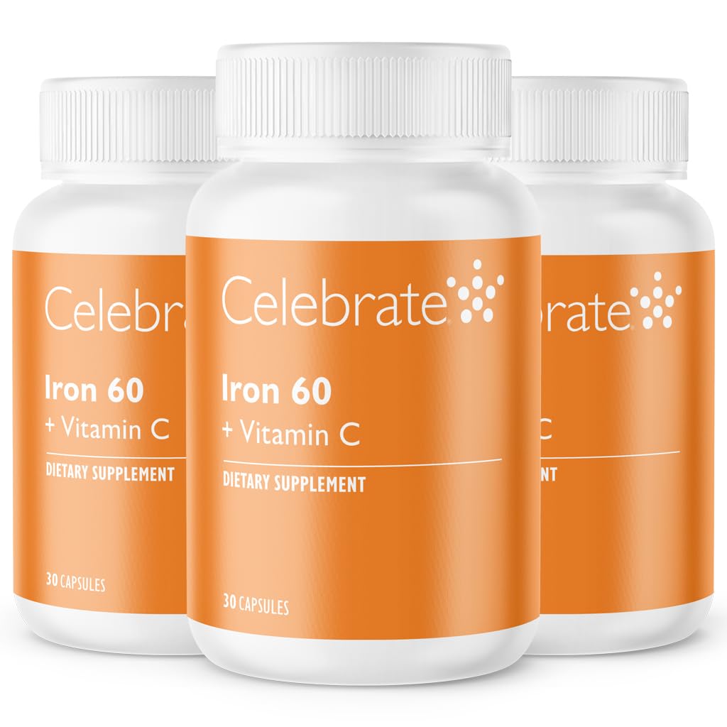 Celebre Vitaminas Suplemento de Ferro com Vitamina C - 60mg Ferro, 60mg Vitamina C, Vitaminas Bariátricas para Pacientes WLS, Mangueira Vertical & Cirurgia Bypass gástrico (90 Cápsulas)