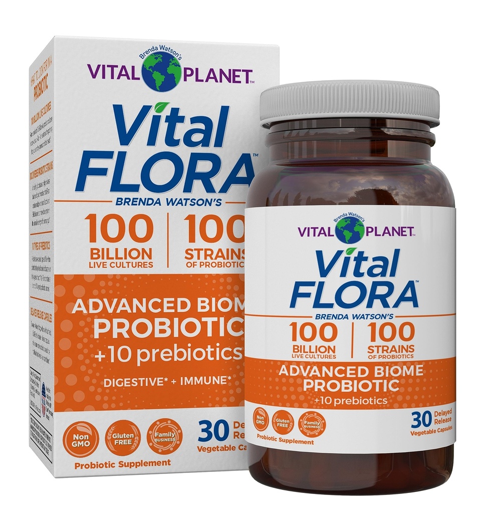 Planeta Vital - Flora Vital Advanced Biome Probiótico 100 bilhões de UFC, 100 Strains Diversos, 10 Prebióticos Orgânicos, Suporte Imune, Colon e Probióticos Saúde Digestiva para Mulheres e Homens 30 Cápsulas