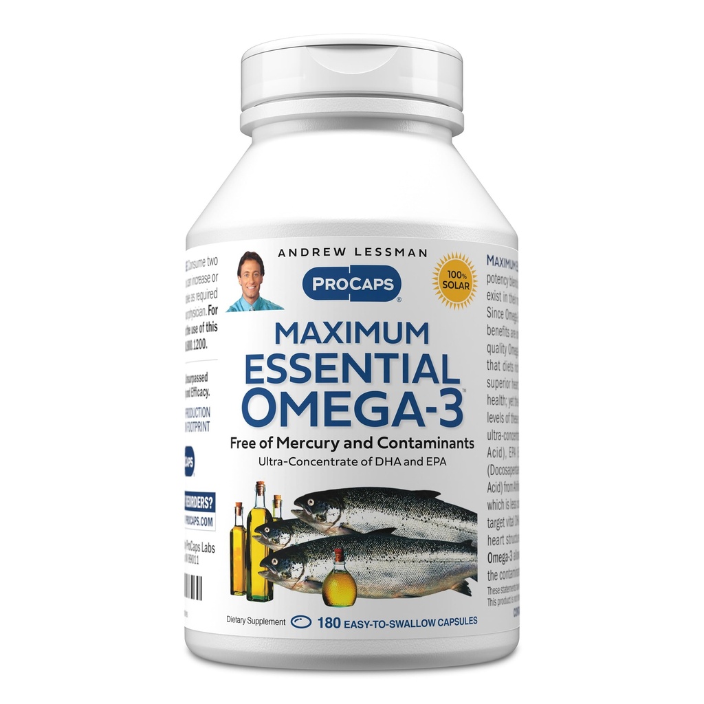 ANDREW LESSMAN Máximo Essential Omega-3 Sem sabor, 180 Softgels - Ultra-Pure Omega-3 Fish Oil 1200 mg-High DHA, Sem Mercúrio Suplemento-Pequeno, Fácil de Engolir cápsulas de óleo de peixe
